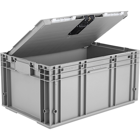Grijze plastic box met deksel omhoog. Het product heeft een scharnier, een slot en handgrepen.
