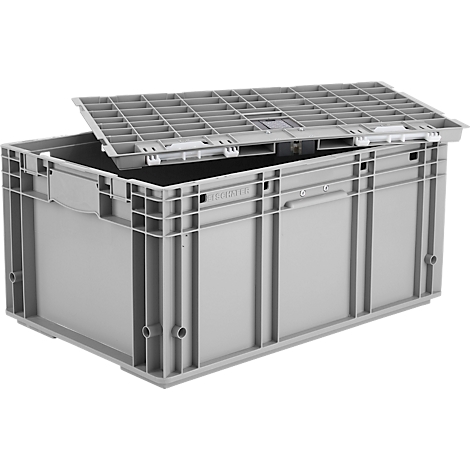 Grijze plastic box met gedeeltelijk open deksel. Gedetailleerd beeld met handgrepen en ventilatiesleuven.