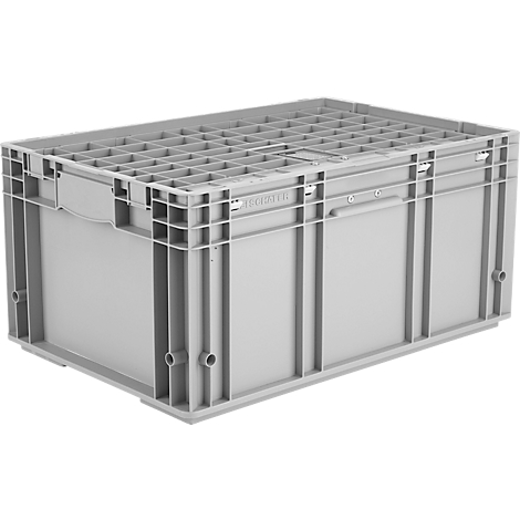 Graue Kunststoffbox mit Deckel, Griffen und Öffnungen.