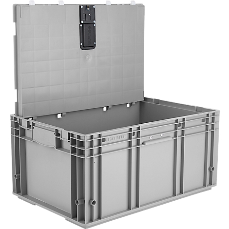 Graue Kunststoffbox mit geöffnetem Deckel, Details sichtbar.