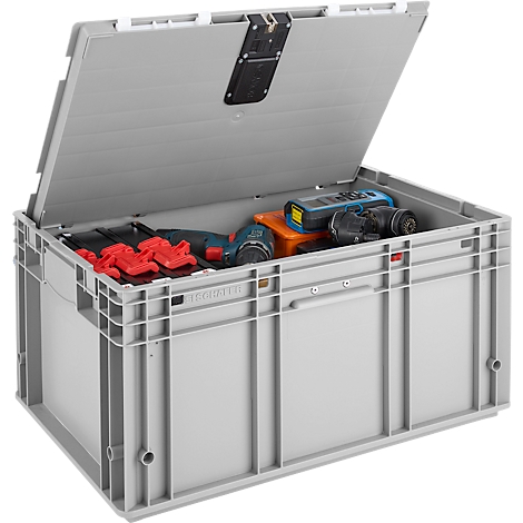 Graue Werkzeugkiste mit geöffnetem Deckel, gefüllt mit Werkzeugen. Der Deckel wird durch einen schwarzen Verschluss gehalten.