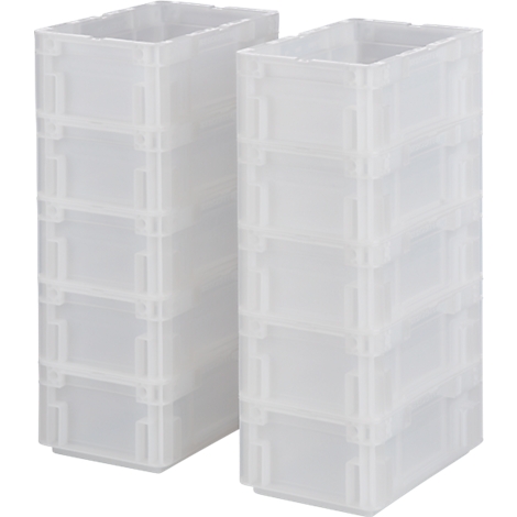 Twee doorzichtige, stapelbare plastic opbergdozen. Elke doos bestaat uit meerdere segmenten.