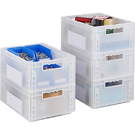 Twee stapelbare, transparante plastic dozen. Eén doos bevat blauwe bakjes met schroeven. De andere is gevuld met gereedschap.
