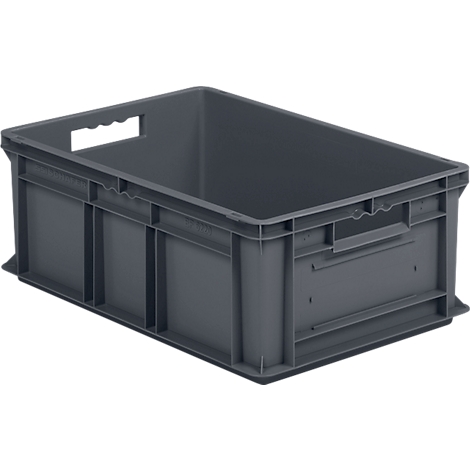 Caja de plástico gris con asas y forma rectangular. La caja está sobre una superficie clara.