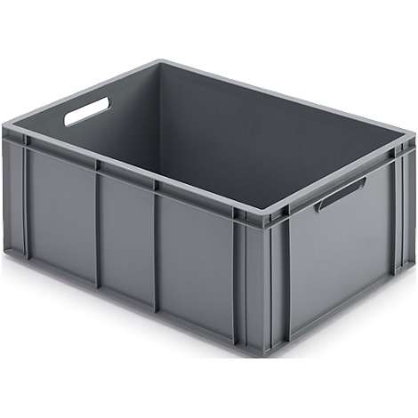Boîte en plastique grise avec ouvertures pour poignées. Sur fond blanc, d'une perspective légèrement oblique.