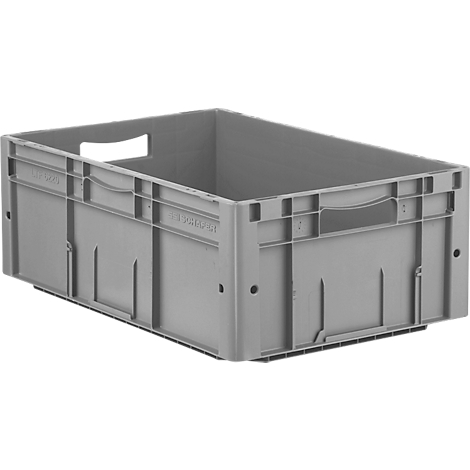 Caja de plástico gris con asas, rectangular, vacía.