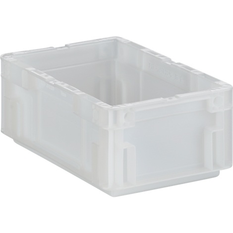 Caja de plástico transparente con tapa abierta, rectangular, sobre un fondo neutro.