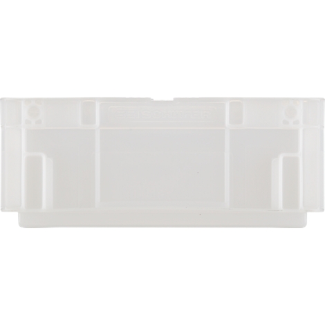 Contenedor de plástico rectangular transparente con recortes rectangulares y bordes elevados.