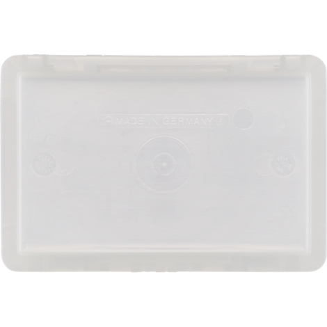 Tapa de plástico rectangular transparente con texto en relieve 'MADE IN GERMANY'.
