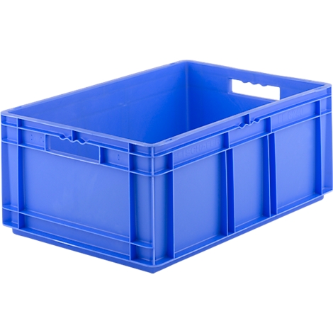 Caja de plástico azul con aberturas para asas, fotografiada de frente.