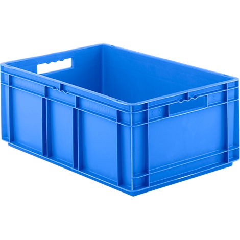 Caja de plástico azul con aberturas para asas.