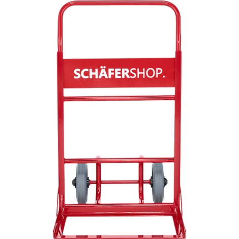 Roter Sackkarren mit dem Schriftzug „SCHÄFERSHOP.“. Zwei graue Räder, Stahlgestell.