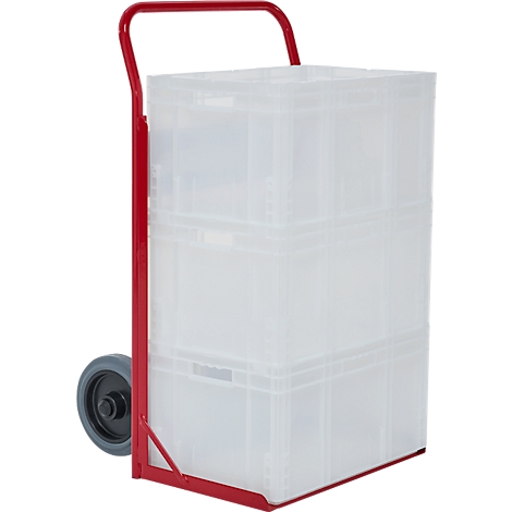 Roter Transportwagen mit drei transparenten Boxen auf grauen Rädern.