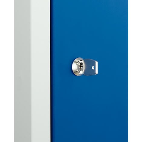 Close-up of a key in a blue locker, next to a grey door side.