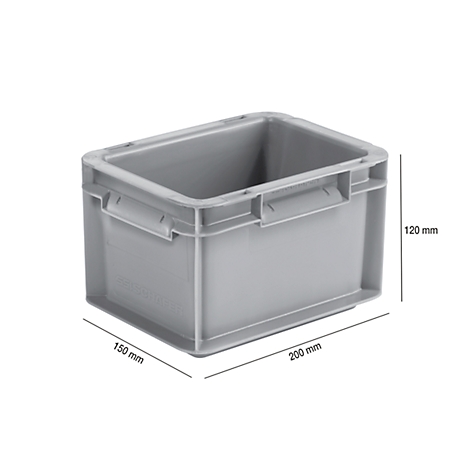 Gray plastic box, top view, with handles and dimensions (200 x 150 x 120 mm).