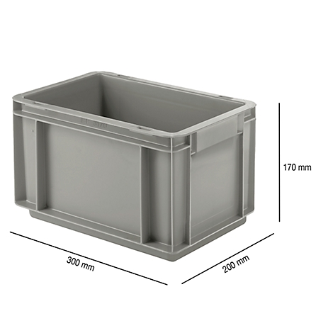 Gray plastic box, 300 x 200 x 170 mm, with side handles and dimension measurements.