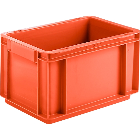 Orange plastic box. Rectangular shape with raised edges and handles.