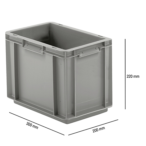 Grey plastic box with handles. Dimensions: 300 x 200 x 220 mm.