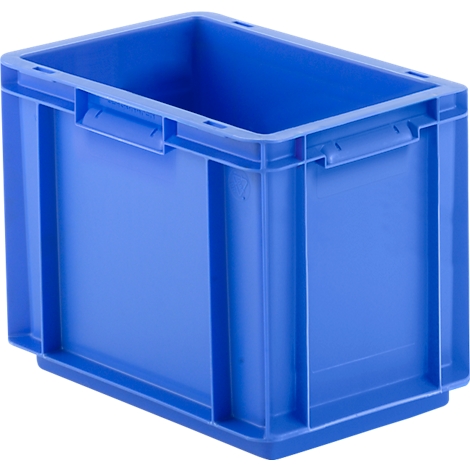 Blue plastic box with handles, rectangular.