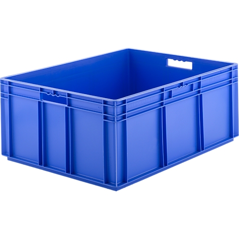 Blue storage box with handles. Rectangular shape.