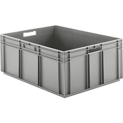 Gray plastic box with handles, rectangular, empty.