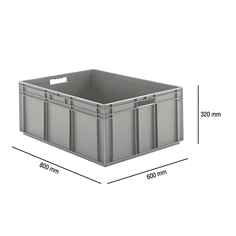 Gray plastic box with handle openings and dimensions: 800x600x320mm.
