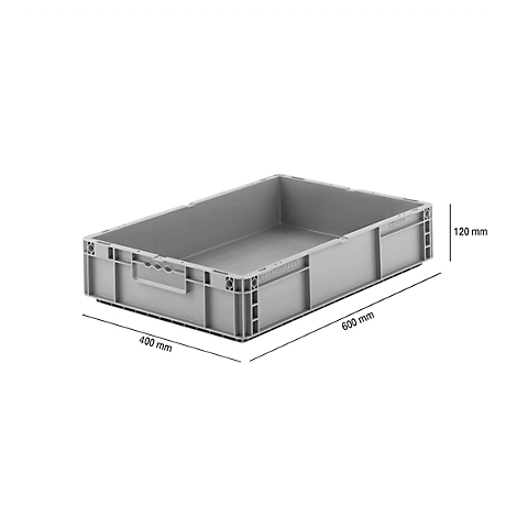 Grey storage box, dimensions: 600x400x120mm. Plastic container, with handle, for storage.