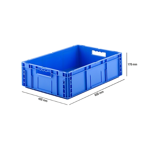 Blue storage box with handles. The dimensions are 600 mm x 400 mm x 170 mm.