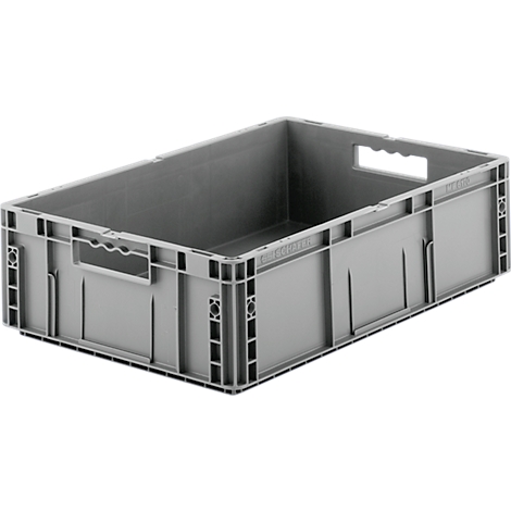 Gray plastic box with handles. Open container on a neutral background.