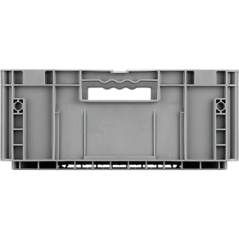 Grey plastic crate with handle recess and rectangular opening.