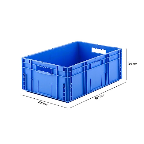 Blue plastic transport box, 600x400x220 mm, with side handles and dimensions.