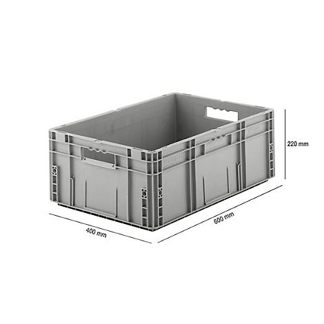 Grey plastic crate with handle openings and dimensions: 600 mm x 400 mm x 220 mm.