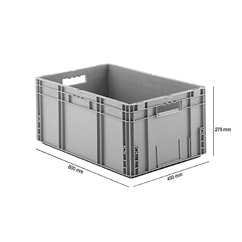 Gray plastic box with handles, dimensions: 600 x 400 x 270 mm.