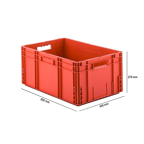 Red transport box with dimensions of 600 x 400 x 270 mm. With handle openings, side reinforcements and stacking devices.