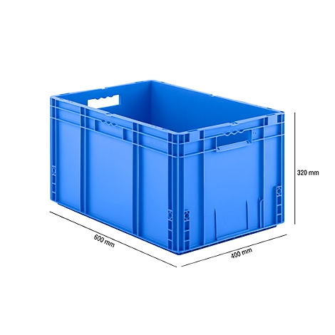 Blue plastic box, rectangular, with handles. Specifications: 600x400x320 mm. On a white background.