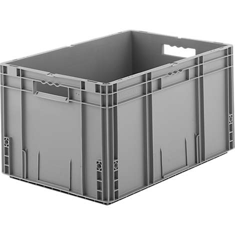 Gray plastic box with handles on the sides, in rectangular format. The box stands in front of a light background.