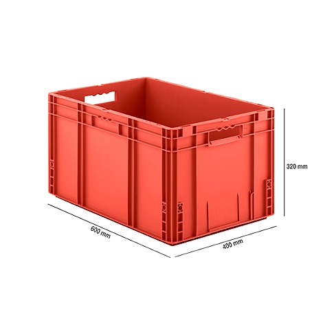 Red plastic box with dimensions and handle openings.