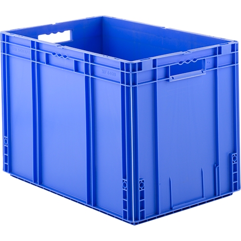 Blue plastic box with handles and vertical reinforcements.