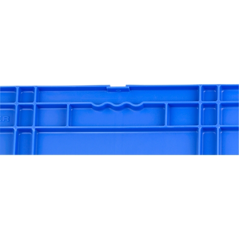 Blue plastic assortment box with dividers and wavy handle.