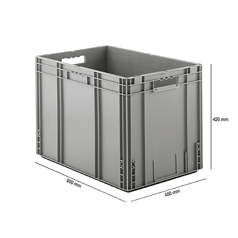 Grey plastic crate with handles and dimensions: 600 mm, 400 mm and 420 mm.