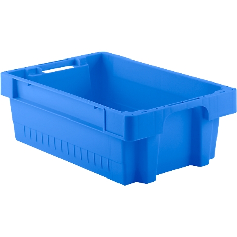 Blue plastic box with handles, view from above.