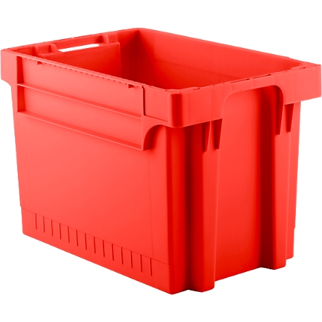Red plastic box with handle openings and a ribbed underside. The edges are rounded.