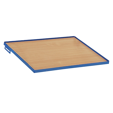 Square table top with wood look and blue frame, seen slightly diagonally from the top left.