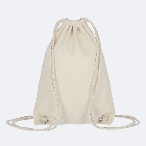 Sac en tissu beige avec cordon de serrage.