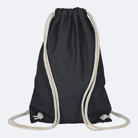 Sac de sport noir avec cordon de serrage et cordons beiges. Le sac est présenté sur fond clair.