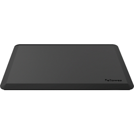 A black ergonomic desk mat with rounded corners. “Fellowes” is written at the bottom right.