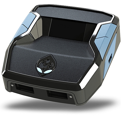 Appareil électronique noir avec des accents bleus, logo Alienware, ports USB.