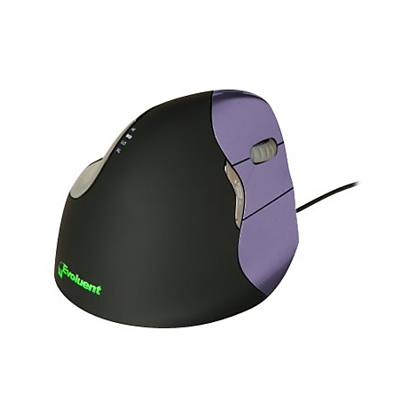 Ergonomische Maus in Schwarz und Lila mit seitlicher Taste und Kabel.