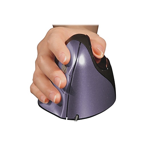 Hand greift einen ergonomischen, grauen Maus. Die Maus hat schwarze Akzente und einen Scrollrad.