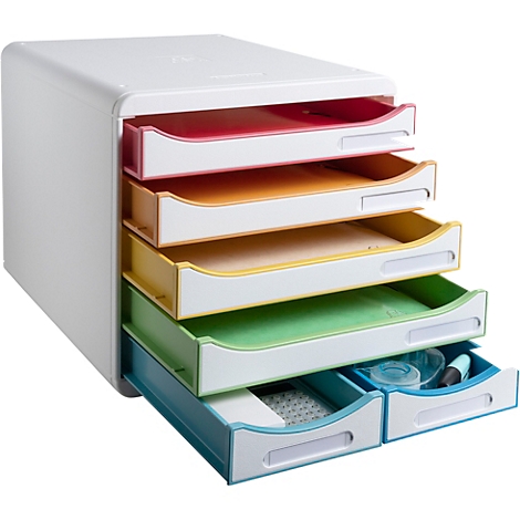 Organisateur de bacs à papier multicolores avec tiroirs, remplis de papier et de fournitures de bureau.